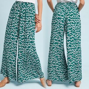 Anthropologie Maeve Acker Wide-Leg Pants Green Butterfly Boho Cottagecore Flowy